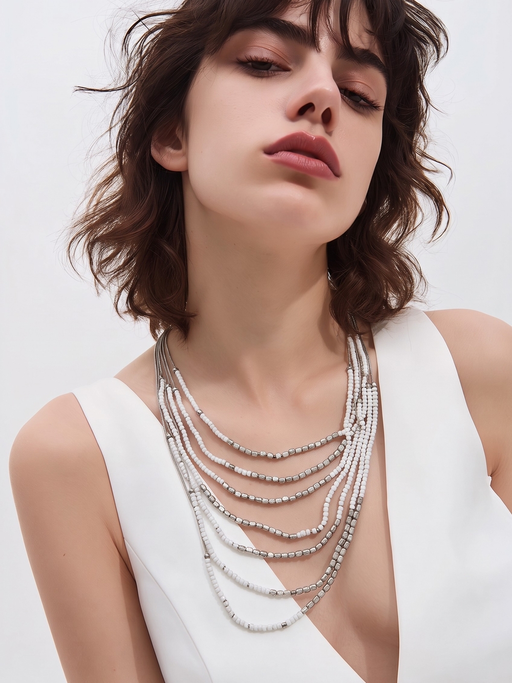 Multi-Strand White and Silver Beaded Statement Necklace